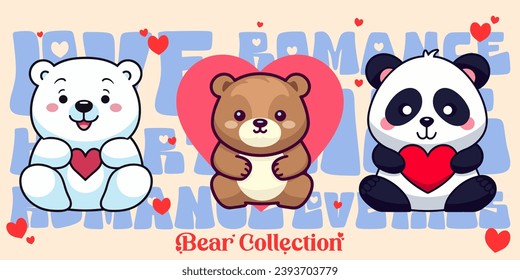 Cute Bears in Love: Teddy Bear, Panda, Polar Bear. Vector Set Collection with Bears, Hearts in Flat Style for Valentine’s Day
