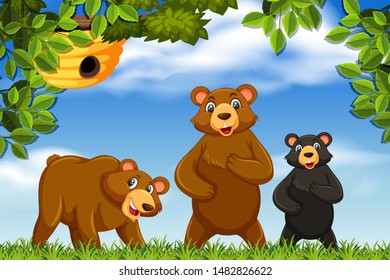 Cute bears in nature scene illustration