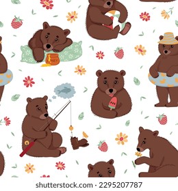 The cute bears are on summer vacation. Seamless pattern with cute little bears with flowers, fruits, and leaves. Hand-drawn colorful flat vector illustration.