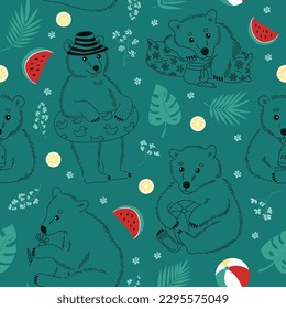 The cute bears are on summer vacation at sea. Seamless pattern with cute little bears with flowers, fruits, and leaves. Hand-drawn colorful flat vector illustration.