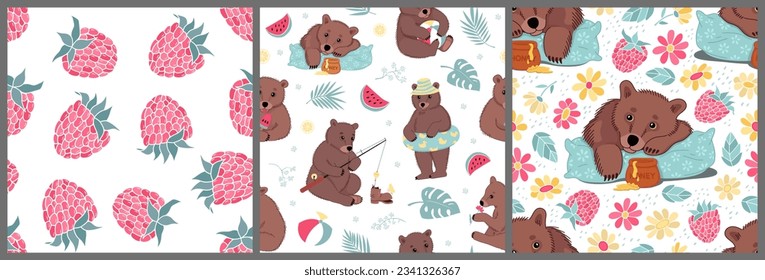 Los osos adorables están de vacaciones de verano. Un conjunto de patrones sin costura con osos adorables con flores, frutas y hojas. Ilustración de vector plana de color dibujada a mano.