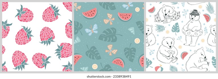 The cute bears are on vacation at sea. Set of summer seamless patterns with cute little bears with flowers, fruits, and leaves. Hand-drawn colorful flat vector illustration.