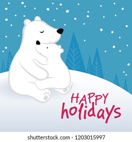 Cute bears on winter background. Happy holidays. In cartoon style. For card, poster, banner