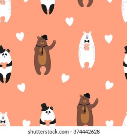 Cute bears pattern. Seamless romantic background with polar bear, brown bear and panda in love. 