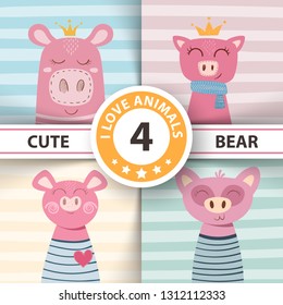 Cute Bears and pigs - children illustration. Hand draw