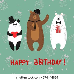 Cute bears - polar, brown, panda. Happy birthday card. Vector illustration. 