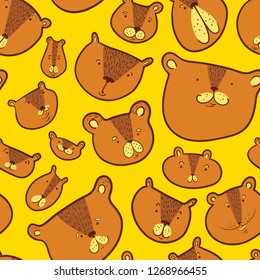 Cute bears seamless pattern.. Background with Teddy bear in doodle sketchy style. Vector illustration with funny wild animals in line art artistic style. Design for surfaces, textile, wrapping paper