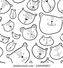 Cute bears seamless pattern.. Background with Teddy bear in doodle sketchy style. Vector illustration with funny wild animals in line art artistic style. Design for surfaces, textile, wrapping paper