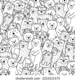 Cute bears seamless pattern for coloring book. Black and white forest animals coloring page. Doodle style print for kids and adults. Vector illustration