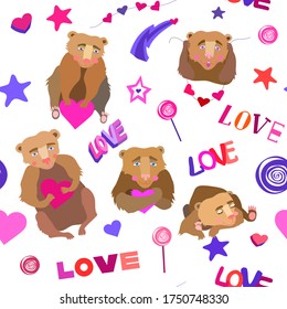 Cute bears seamless pattern. Lovely bear with pink hearts.