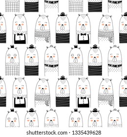 Cute bears seamless pattern in scandinavian style. Sketch for wrapping paper, texture.