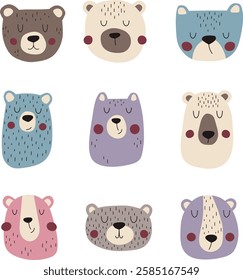 Cute bears set. Hand drawn bear portraits for children's designs. Perfect for stickers, cards and prints for clothing.	