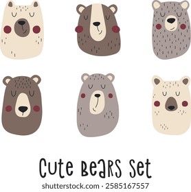 Cute bears set. Hand drawn bear portraits for children's designs. Perfect for stickers, cards and prints for clothing.	