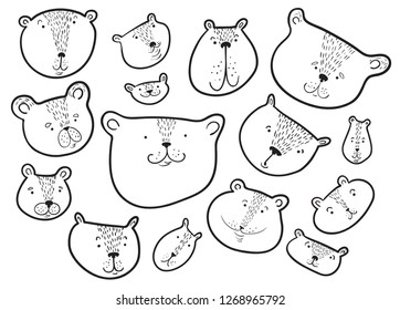 Cute bears set.. Teddy bear in doodle sketchy style. Vector illustration with funny wild animals in line art artistic style. Design element