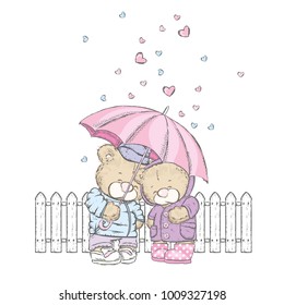 Cute bears are standing under an umbrella and hearts are pouring down on them. Vector illustration for a postcard or a poster. Clothes and accessories. Valentine's day, love.
