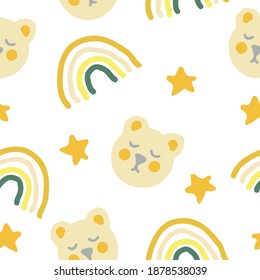 cute bears, stars and rainbow seamless pattern in trending color 2021. vector hand drawn. childrens wallpaper, textiles, decor. gray, gold, yellow.