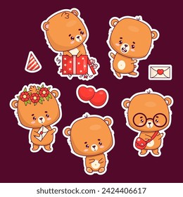 Cute bears sticker set. Teddy in gift box, joyful and smart bear cub in glasses and girl in flower wreath. Isolated funny animals kawaii character. Vector illustration. Kids collection