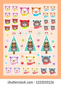 Cute bears stickers set illustration on orange background,Christmas tree ,hearts,scarf,flower