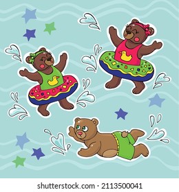 Cute bears swim in the hot summer. Characters