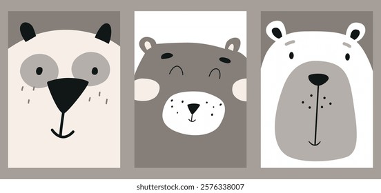 Cute bears vector in scandinavian style illustrations. Collection of flat printable posters. Wild vector hand drawn bears. Child card design for nursery.

