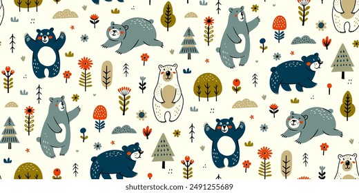 Cute bears in a whimsical forest seamless pattern with trees and flowers. Adorable cartoon wildlife vector illustration perfect for kids nursery decor. Cheerful, Scandinavian, and hygge design.