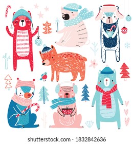 Osos cortos con ropa de invierno. Personajes chilenos - tema de Navidad. Ilustración vectorial.