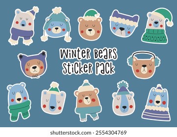 Cute bears in winter hats, scarves and knitted jumpers. Hand drawn set of stickers with bears. 