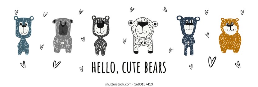 adorables osos.ilustración de vector dibujada a mano en estilo de caricatura. teddys aislados en un fondo blanco.adecuado para postales, ropa para niños, diseño de tela, pegatinas, carteles, tazas o diseño de pantalones.