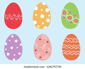 Cute and beautiful 6 pieces colorful pattern easter eggs on pastel blue isolated background. Vector art graphic by hand drawn illustration for decoration on easter holiday in April use for all design.