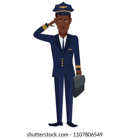 Cute, beautiful an African American pilot with a bag, a case, holds his hand honored, in blue, air. Modern vector image design isolated on white background bon voya. Pilot