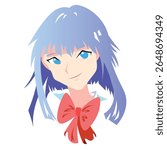 Cute and beautiful anime girl with blue hair and red ribbon colorful simple illustration isolated on square white background.