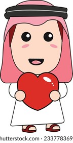 Cute beautiful Arab kid boy character standing and hugging a love heart shape with traditional dress isolated