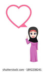 Cute beautiful Arab kid girl character standing and waving and pointing to heart shape empty banner with traditional dress isolated