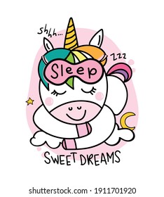 Cute beautiful baby unicorn sleeping cartoon drawing design with sweet dreams slogan text on pink, for fashion graphics, t shirt prints, pajamas etc