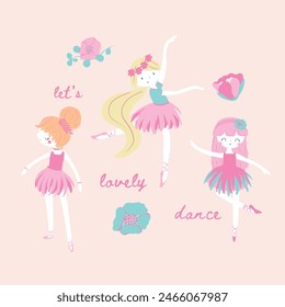 Cute and beautiful ballerinas flowers print pattern graphic tee design for kids market as vector
