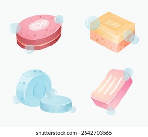 Cute and beautiful bar soap watercolor illustration collection set. Pretty soap for hygiene and cleanliness of the body in vector isolated doodle art.