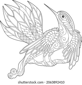 Cute beautiful bird. Doodle style, black and white background. Funny bird, coloring book pages. Hand drawn illustration in zentangle style for children and adults, tattoo.