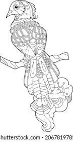 Cute beautiful  bird with long tail. Black and white background. Funny creature, coloring book pages. Hand drawn illustration in zentangle style for children and adults, tattoo.