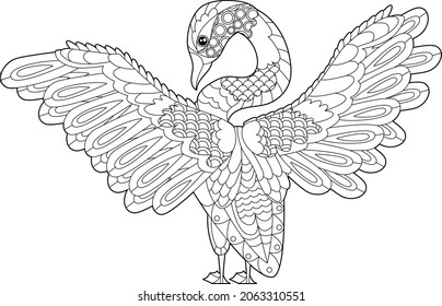 Cute beautiful  bird swan. Black and white background. Funny creature, coloring book pages. Hand drawn illustration in zentangle style for children and adults, tattoo.