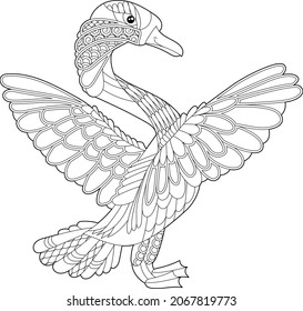 Cute beautiful  bird swan. Black and white background. Funny creature, coloring book pages. Hand drawn illustration in zentangle style for children and adults, tattoo.