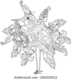 Cute beautiful  bird with wonderful tail. Black and white background. Funny creature, coloring book pages. Hand drawn illustration in zentangle style for children and adults, tattoo.