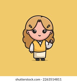 Cute beautiful blonde wavy hair woman smiling fist up with yellow vest cartoon character illustration vector isolated