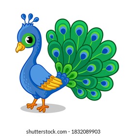Cute beautiful blue peacock on a white background. Vector illustration with a bird on a white background.