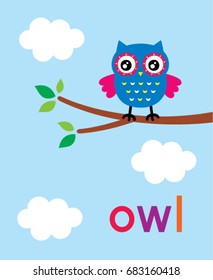 Cute beautiful blue and pink owl on a branch in spring