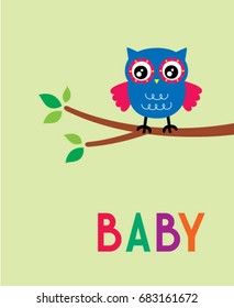 Cute beautiful blue and red owl on a branch in spring