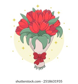 A cute beautiful bouquet of red flowers in paper packing with a red bow on a background of golden stars and glitter. Gift bouquet of red tulips vector illustration.