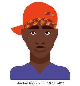 Cute, beautiful boy african american adult man in orange cap, with bandana on head dressed in a blue T-shirt. rapper, musician, teenager. Modern vector flat image design isolated on white background