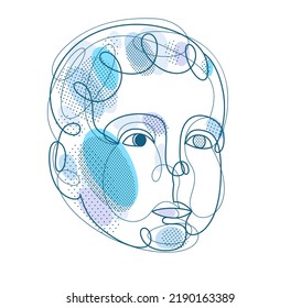 Cute beautiful boy portrait vector line art illustration isolated, toddler kid artistic line art drawing.