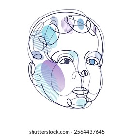 Cute beautiful boy portrait vector line art illustration isolated, toddler kid artistic line art drawing.