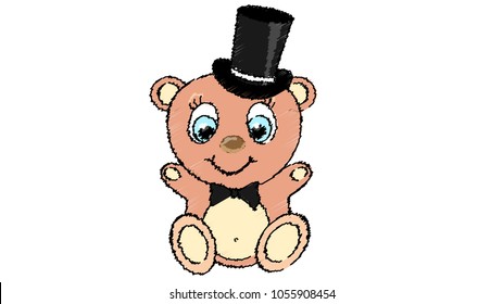 A cute, beautiful, brown bear boy with a big head and blue eyes in a cylinder and a butterfly tie on a white background painted with scribbles. Vector illustration